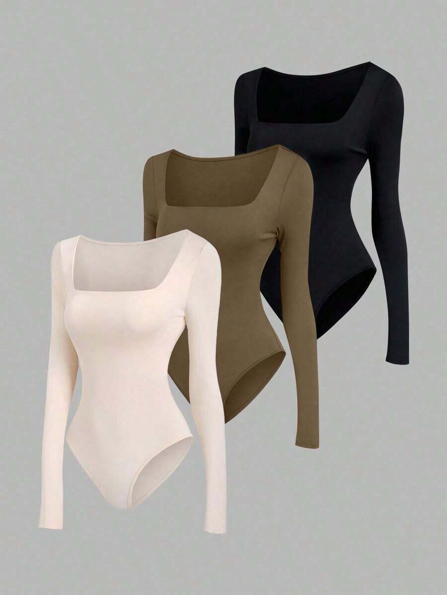 Set de 3 bodys de manga larga para mujer en color albaricoque, marrón café y negro, de ajuste ceñido y estilo minimalista y versátil para el día a día - Multicolor 7 - Ver 1