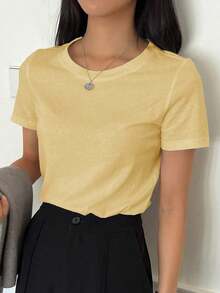 Camiseta de cuello redondo de manga corta de unicolor versátil y casual, tops estilo universitario - Amarillo - Ver 6
