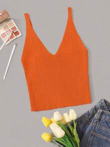 Camiseta de punto de unicolor casual para mujer, de verano - Naranja - Ver 5