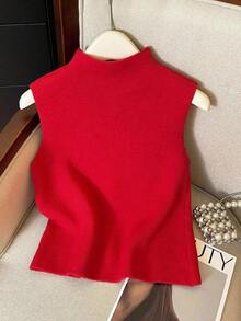 Suéter de mujer de punto con cuello alto, diseño de botones, sin mangas, suelto y casual, color rojo, para primavera/otoño - Rojo - Ver 2