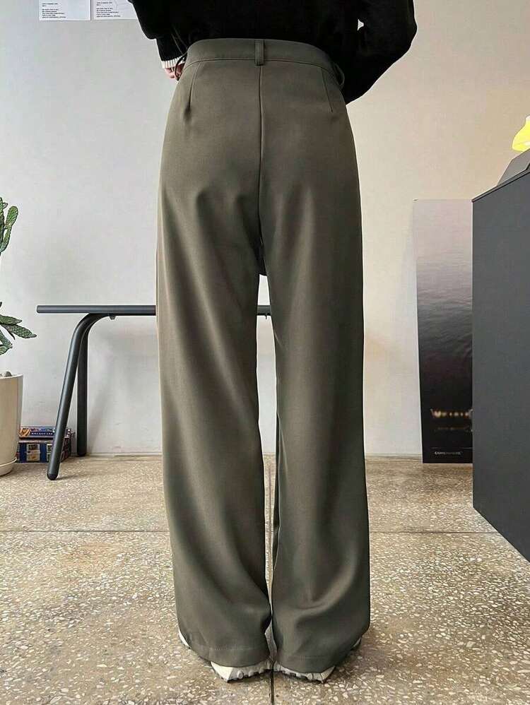 Pantalones rectos plisados de unicolor para mujer, pantalones de vestir casuales de otoño - Verde militar - Añade 2