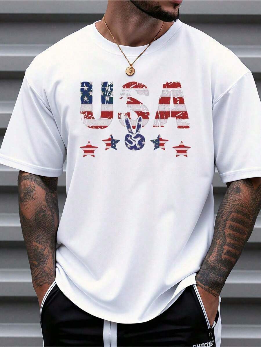 Vintageamerikansk flagga och USA-bokstäver, herrbomullst-shirt, lös, andningsbar kortärmad t-shirt, patriotisk topp för sommaren och USA:s 250-årsjubileum för självständighet, sommartoppar - Vitt - Visa 1