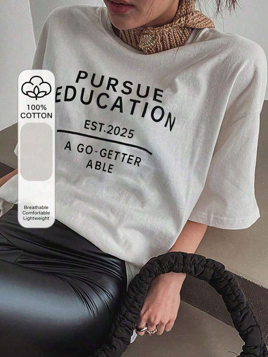 Camiseta blanca de mujer de manga corta y cuello redondo con estampado de letra, holgada, para primavera/verano, camisetas gráficas - Blanco - Ver 1