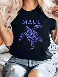 Camiseta% Algodón con Estampado Colorido de Maui, Hawái, Recuerdo de Vacaciones, Cuello Redondo, para Verano, Top Suave de Manga Corta para Mujer, Camiseta Elegante y Cómoda para Mujer, Camisetas con Estampados - Negro - Ver 6