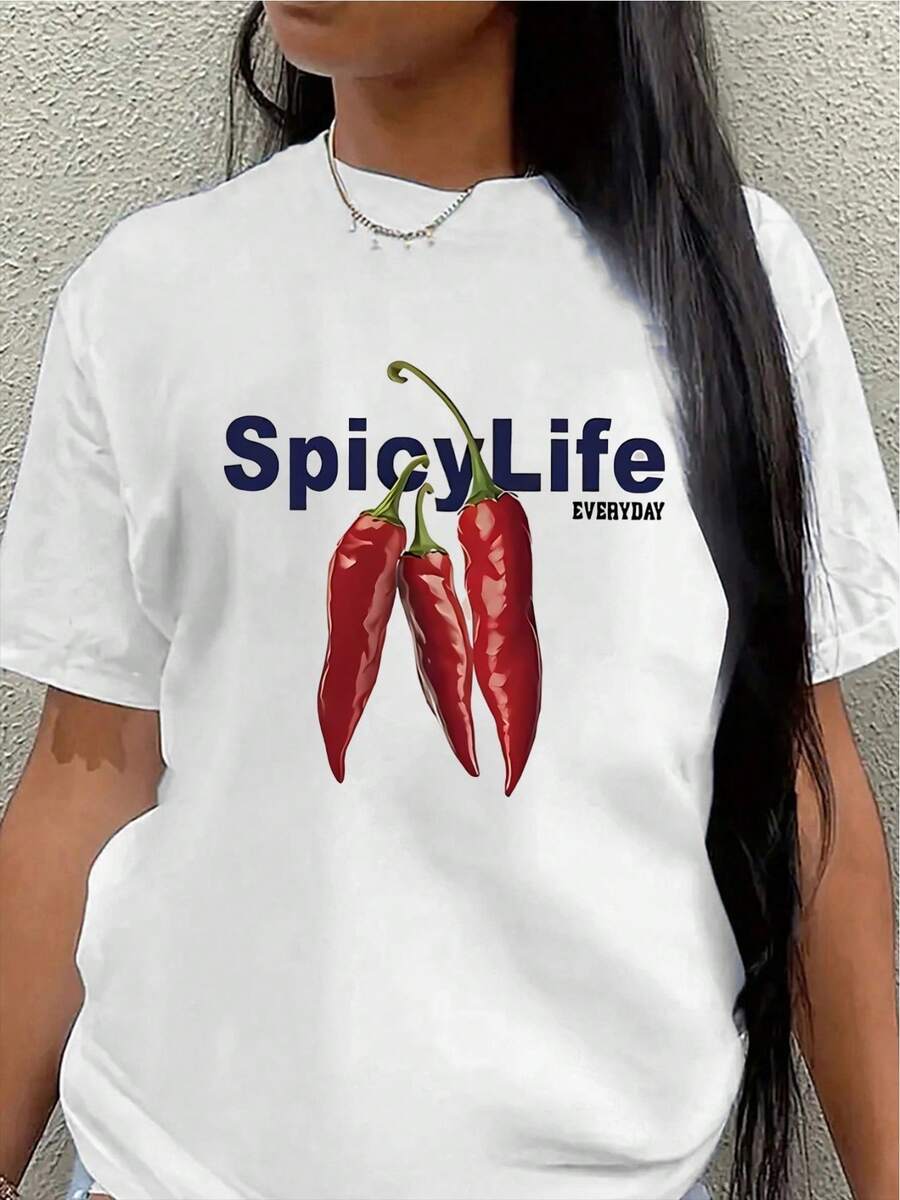 Camiseta de manga corta de poliéster, estampada con el diseño de chiles "Spicy Life", ligera y duradera, adecuada para uso casual en la cocina o restaurante, cómoda y ajustada para el uso diario. - Blanco - Ver 1