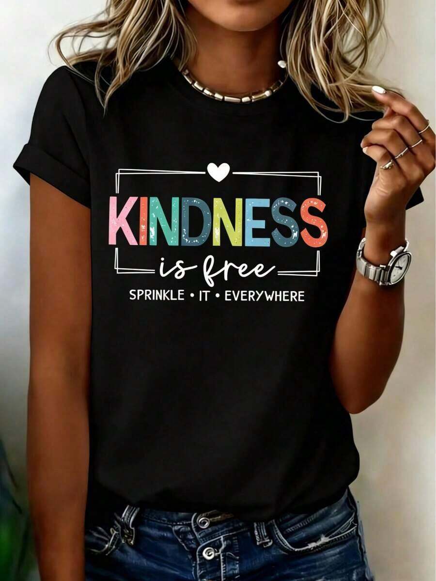 Camiseta Casual para Mujer, Top Estampado, Camiseta de Manga Corta con Cuello Redondo y Diseño Creativo, Sencilla, Elegante, Diseño Clásico, Ropa de Mujer Suave y Cómoda. Camisa Blanca, Tops, Ropa de Resort para Mujer, 100% Algodón, Duradera. - Negro - Ver 1