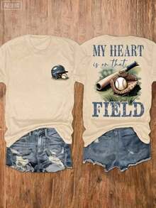 Nueva llegada 2026: Camiseta de mujer 100% algodón con estampado "Baseball Mom", suave y transpirable, de cuello redondo, para otoño e invierno, estilo Y2K Millennium, moda urbana, que absorbe la humedad, ropa casual, adecuada para celebraciones y fiestas, atuendo festivo. Camiseta de Mujer de Uso Diario, 100% Algodón, Tejido Suave y Transpirable, con Estampado Gráfico - Albaricoque - Ver 6