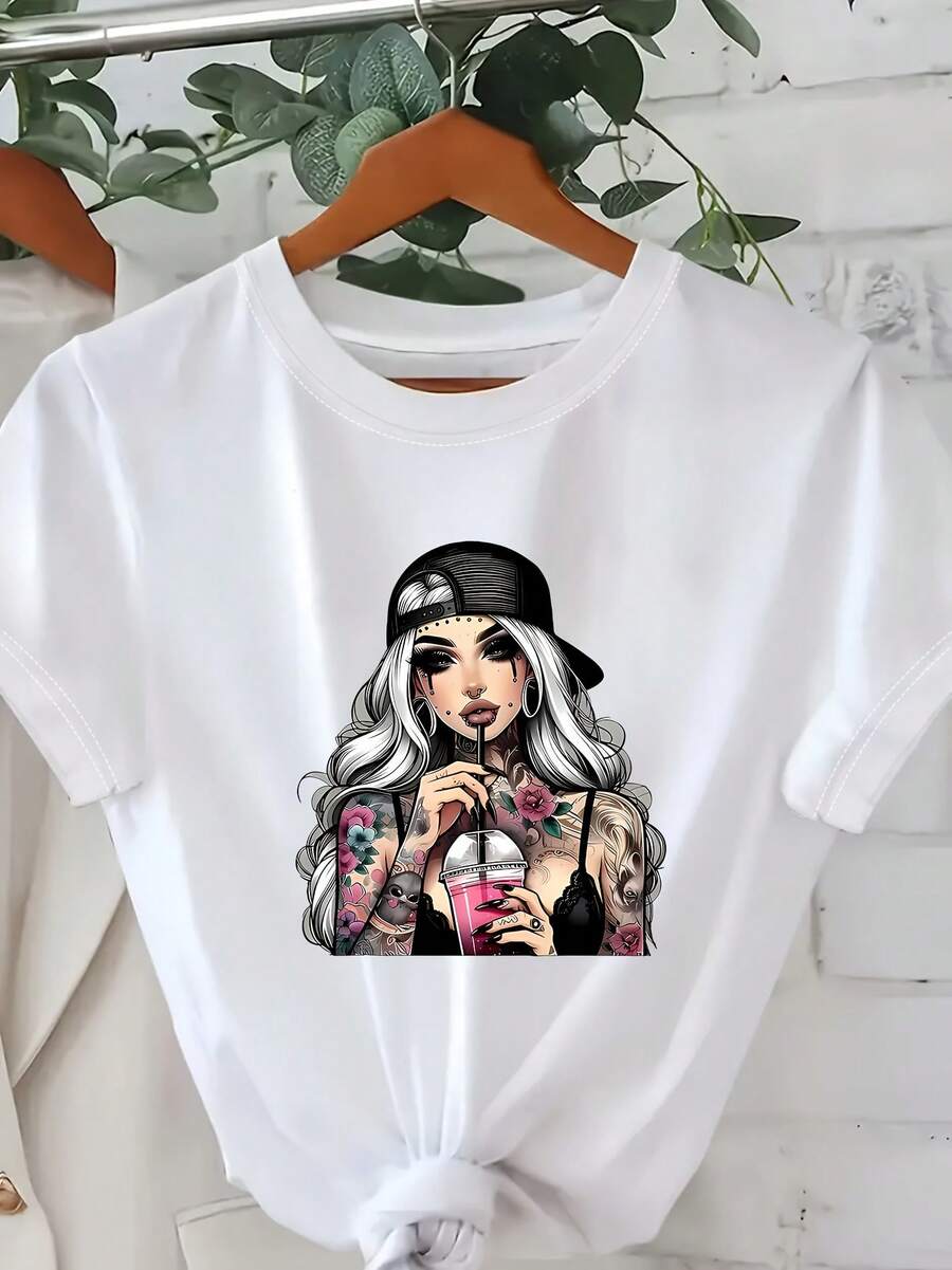 Camiseta de mujer de primavera y verano con estampado de figura de moda, cuello redondo y manga corta - Blanco - Ver 1