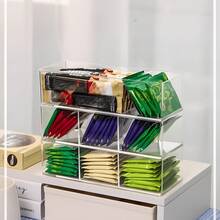 1 pieza Caja de almacenamiento de bolsitas de té, palitos de café de oficina, palitos de leche y té, paquetes de azúcar con compartimentos, caja de almacenamiento acrílica apilable multifuncional para uso doméstico, oficina, tiendas de leche y té, y uso comercial, organizador de cajones, almacenamiento multipropósito - Multicolor - Ver 2