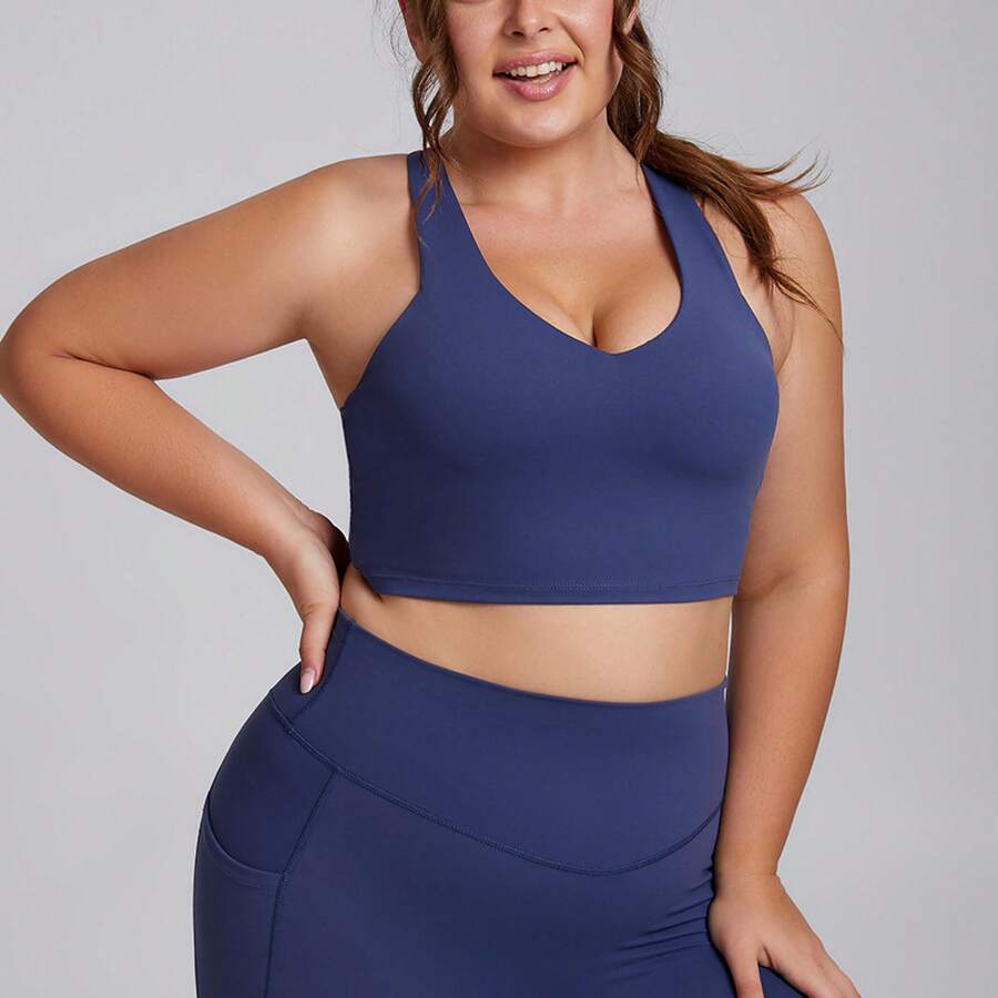 Set deportivo para mujer de talla grande, conjunto ajustado de 2 piezas con bolsillo, tela elástica efecto segunda piel para yoga y entrenamiento - sujetador azul marino - Ver 1
