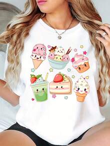 1 pieza Nueva Camiseta de Cuello Redondo de Primavera/Verano - Camiseta de Cuello Redondo con Estampado de Dibujos Animados de Postres para Ropa de Otoño de Mujer, Adecuada para Deportes de, Moderna, Elegante y Divertida. Cómoda, Suave, Transpirable, Calidez al Aire Libre, Resistencia alDaily Casual Round Neck Short Sleeve-Shirt Women - Blanco - Ver 1