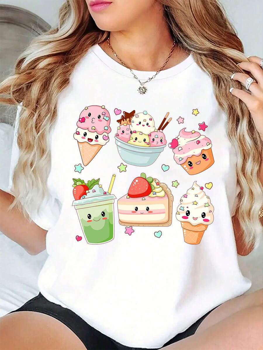 1 pieza Nueva Camiseta de Cuello Redondo de Primavera/Verano - Camiseta de Cuello Redondo con Estampado de Dibujos Animados de Postres para Ropa de Otoño de Mujer, Adecuada para Deportes de, Moderna, Elegante y Divertida. Cómoda, Suave, Transpirable, Calidez al Aire Libre, Resistencia alDaily Casual Round Neck Short Sleeve-Shirt Women - Blanco - Ver 1