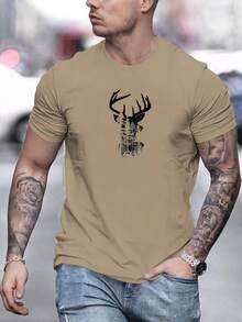 Camiseta Casual de Verano para Hombre con Estampado de Cabeza de Ciervo, Manga Corta y Cuello Redondo - Verde oscuro - Ver 8