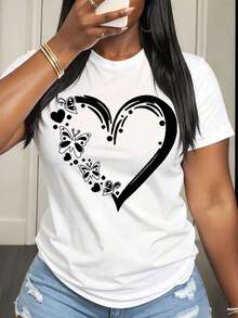 Camiseta Casual de Mujer con Estampado de Corazón y Mariposa, Top de Verano para Uso Diario - Blanco - Ver 1