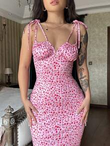 Vestido Primavera Estilo Europeo Floral Pequeño Tirantes Amplia Falda Moda Elegante Producto Popular para Mujer - Rosa - Ver 6