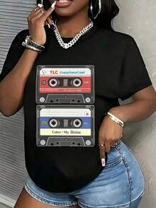 Oversized 90s R&B Tape Print T-Shirt, Fall Clothes For Women, Crew Neck T-Shirt, Women's T-Shirt, Women's Sweatshirt, Short-Sleeved TopRelaxed Plus Size T-Shirt - 黑色 - 查看 1
