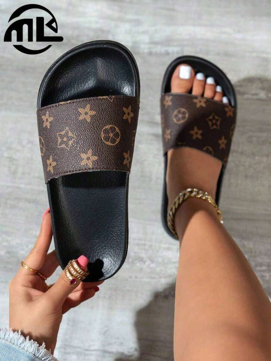 Elegant, Soft, Comfortable, Minimalist And Versatile Women's Sandals With Chain Decoration, Casual Flat Slippers For Indoor And Outdoor Use - 布朗 4 - 查看 1
