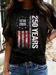 Camiseta de manga corta para mujer con estampado de bandera de estilo desgastado, cuello redondo, apta para uso diario, salidas casuales, fines de semana y vacaciones, estilo casual y patriótico, ideal para primavera y verano. Envío nacional a todo México. - Negro - Ver 1