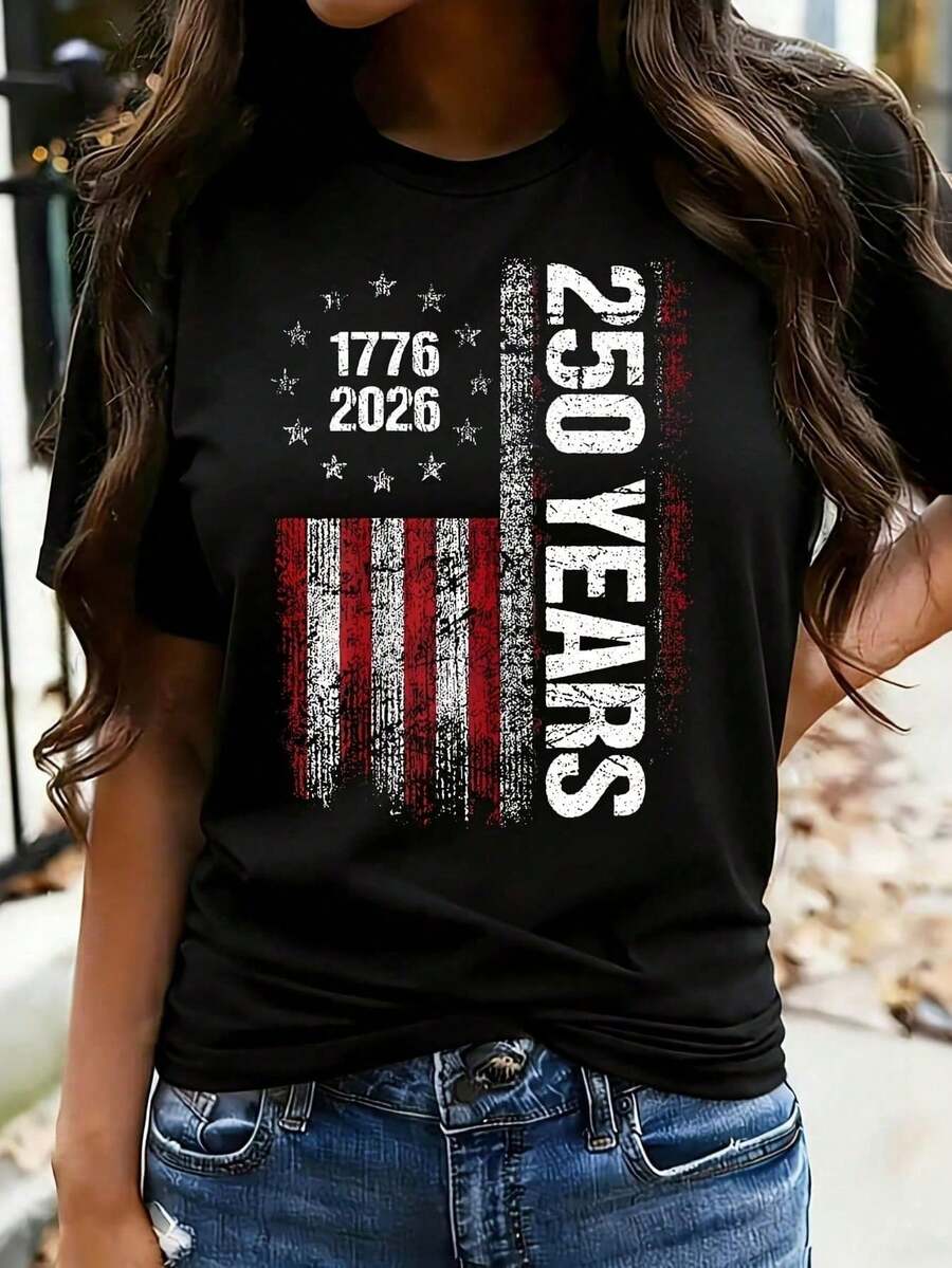 Camiseta de manga corta para mujer con estampado de bandera de estilo desgastado, cuello redondo, apta para uso diario, salidas casuales, fines de semana y vacaciones, estilo casual y patriótico, ideal para primavera y verano. Envío nacional a todo México. - Negro - Ver 1