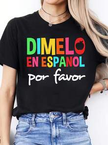 Camiseta de Mujer, Camiseta Casual de Primavera/Verano con Estampado de Letras, Camiseta Deportiva de Manga Corta con Cuello Redondo, Top de Mujer - Negro - Ver 1