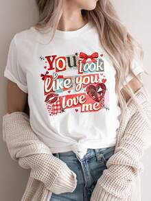 Women's Plus Size Cotton Fashion T-Shirts 2026, Valentine's Day, Date Night, Elegant, Holiday Clothes, Fashion, Valentine's Outfit - Romantic Print With "It Seems You Love Me" Design, Cute Fashion Statement T-Shirt For Women, Comfortable, Soft, Simple, Daily Wear Top, Short Sleeve. - 白色 - 查看 7