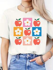 Camiseta Casual de Primavera-Verano con Estampado de Letras, Cuello Redondo, Manga Corta, Top Deportivo para MujerDaily Casual Round Neck Short Sleeve-Shirt Women - Blanco - Ver 7