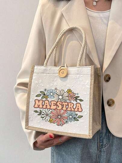 Bolsa de lona con estampado floral "Mejor Maestro", un regalo para el Día del Maestro, bolsa de tela reutilizable impresa, bolsa casual, adecuada para ir a la escuela, adecuada para ir y venir, la escuela y las compras, conveniente para uso al aire libre, un regalo perfecto para amigos y mejores amigas, un regalo perfecto para maestros. Mejores regalos para maestros, regalos de agradecimiento para maestros, el mejor regalo del Día del Maestro para siempre, el mejor regalo del Día del Maestro para mujeres