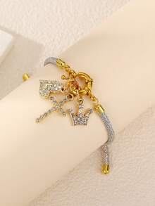 1 pièce/2 pièces Ensemble de bracelets tressés avec couronne en forme de cœur ornée de strass or et argent, convient pour la décoration quotidienne - Multicolore - Voir 3