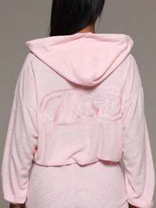 Sudadera corta con capucha con cremallera, elástica y de toalla, conjunto de parte superior para uso diario, aeropuerto, vacaciones, verano, primavera - Negro - Ver 1