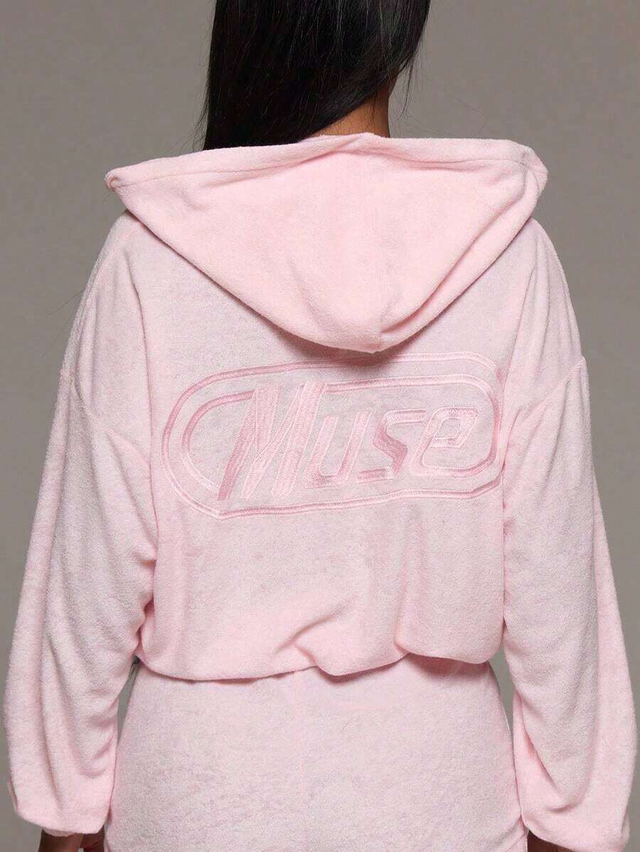 Sudadera corta con capucha con cremallera, elástica y de toalla, conjunto de parte superior para uso diario, aeropuerto, vacaciones, verano, primavera - Negro - Ver 1