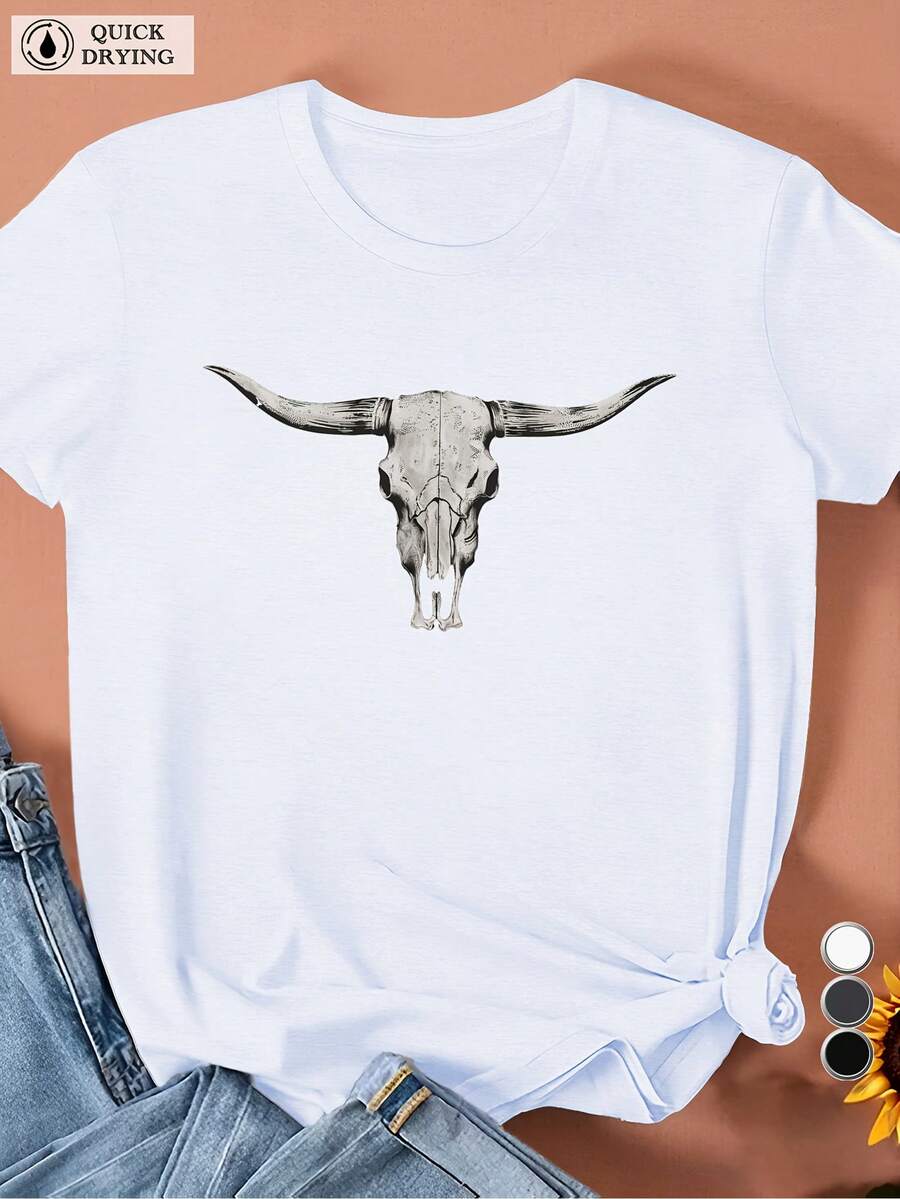 Camiseta de Mujer con Ilustración Minimalista de Calavera de Cuernos Largos - Blanco - Ver 1