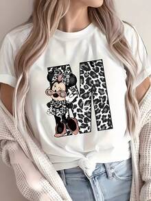 Disney Minnie Mouse Leopard Print "M" Graphic T-Shirt, Women's Tops De Mujer, Chic Summer Tops, Casual Summer Outfits For Women, Vacation Outfits Women, Soft Crew Neck Tee For Disney Trip & Daily Wear - trắng - Xem 1