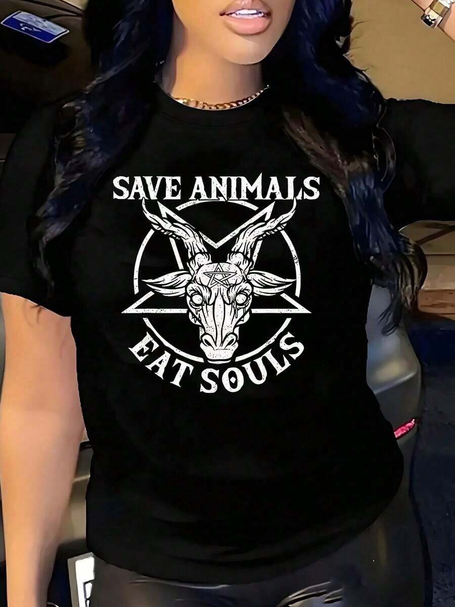 Playera Negra Ajustada de Estilo Gótico Oscuro (Cabeza de Cabrón Pentagrama), Camiseta Estética Oscura con Frase "Save Animals, Eat Souls", Blusa Estilo Streetwear Vintage Unisex, Camiseta de Algodón Holgada de Manga Corta con Cuello Redondo - Negro - Ver 1