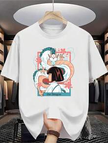 Camiseta de Algodón 100% para Hombre - Manga Corta, Cuello Redondo, Estampado Digital, Cómoda para Todas las Estaciones, Lavable a Máquina, Ideal para Salidas Diarias, Cuello Redondo, Diseño Circular, Camiseta Casual de Verano Tshirt Muscle Freaks Dragon Chihiro estilo Manga Art Print - Negro - Ver 6