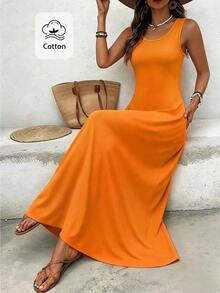 Vestido ajustado con bolsillo dividido de estilo de vacaciones de verano para mujer en color naranja - Marrón - Ver 8