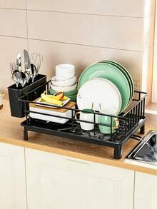 1 Set Dish Drying Rack (Black/White Optional) - With Cutlery Holder And Draining Board, Space-Saving Design, Suitable For Cabinet Connections, Easy To Clean, Ideal For Home Kitchens (Small Space Users), Essential Kitchen Storage Accessory, Countertop Dish Organizer | Kitchen Dish Drying Rack - Multicolor - View 4