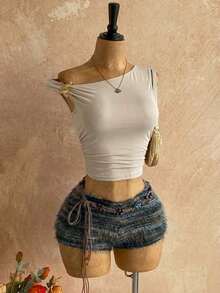 Nuevo conjunto casual de 2 piezas para mujer con hombro asimétrico, textura esponjosa, estampado floral y espalda descubierta, ideal para vacaciones, boda, graduación, Día de San Patricio, primavera, festival de música, elegante estilo boho tropical - Multicolor 6 - Ver 5