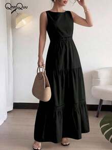Women's Summer Dress With Round Neck, Sleeveless, With Lace At The Waist And Pocket, Elegant And Romantic, Suitable For Daily Wear, Dates And Vacations - 黑色 - 查看 3