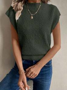 Chaleco de lana sin mangas de estilo elegante francés color albaricoque con cuello alto, corte asimétrico, adecuado para salir y asistir a fiestas, otoño/invierno - Verde militar - Ver 8