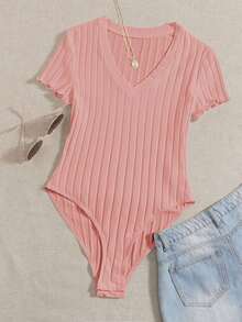 Body De Punto Acanalado Sólido Con Cuello En V Para El Verano - Rosa coral - Ver 8