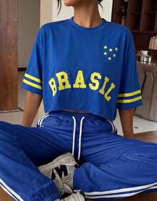 Cropped T-Shirt, Oversized, Brazil Print, Round Neck, Short Sleeves, World Cup Fan Theme 2026 - Xanh và vàng - Xem 5