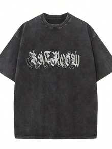 Camiseta de manga corta estampada de algodón lavado de 230 g, colección Verano 2026|   Camiseta de manga corta estilo retro americano, holgada, de hombros caídos, estilo para parejas, de algodón pesado lavado y desgastado para verano. - Negro - Ver 9