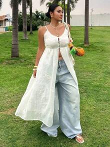 Plus Camiseta y top sin mangas de talla grande de unicolor, de longitud maxi, con textura bordada, elegante para vacaciones de verano - Blanco - Ver 5