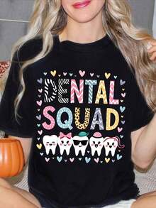 Women's Printed T-Shirt With A Cartoon Dental Team Teeth Design, Short Sleeves, Round Neck, Casual Top For Spring And Summer, Perfect Gift For Dentists And Dental Hygienists. Plus Size Women's Clothing, Printed Blouses For Women. - 黑色 - 查看 5