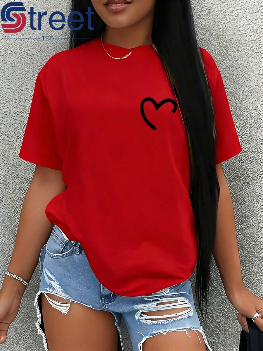 Estilo suave con estampado de corazones sencillo, top con estampado de líneas minimalistas, diseño holgado y que estiliza la figura, adecuado para el uso diario y conjuntos de estilo suave, camiseta casual para mujer, ropa de mujer, ropa de verano, top ligero de manga corta, sencillo y a la moda, moderno y versátil. - Rojo - Ver 1