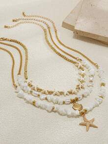 3pcs/Set Sea Star & Shell Pendant Necklace, Faux Pearl White Shell Bead Multi-Layer Beach Necklace, Ocean Style Accessories - White - View 4