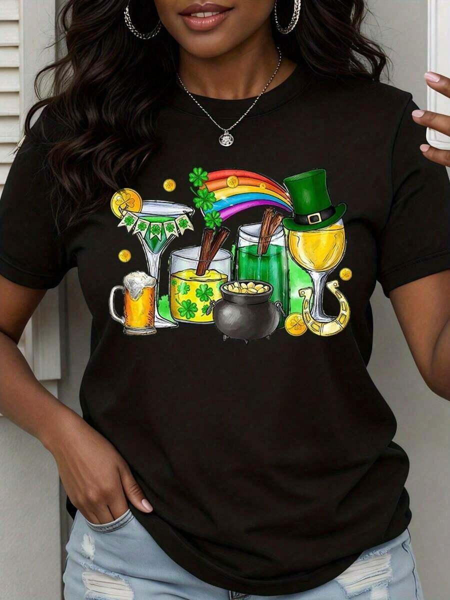 Camiseta del Día de San Patricio con diseño de cerveza y cóctel "Cubo de Oro Arcoíris" para mujer, camiseta de celebración, amuleto de la suerte, ropa para fiesta temática irlandesa - Estilo callejero vintage, unisex, holgada, de algodón, manga corta, cuello redondo, 100% algodón. - Negro - Ver 1