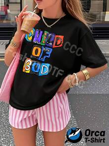 Una camiseta de manga corta para mujer, moderna, a la moda, retro, casual y holgada, adecuada para actividades al aire libre en primavera y verano, camiseta de mujer de 180g con estilo y2k personalizado, top de manga corta holgado, elegancia de estilo urbano, informal y transpirable para el uso diario, ropa de verano con estampado creativo CHILD OF GOD, regalo para deportes al aire libre.blusas para mujer,blusas casuales para dama,tops,, mujer premium,y2k,playeras de mujer curvy,ofertas y liquidaciones ropa mujer,playeras deportivas para mujer,,playeras de hombre, mujer,blusas>elegante 8B1B - Negro - Ver 1