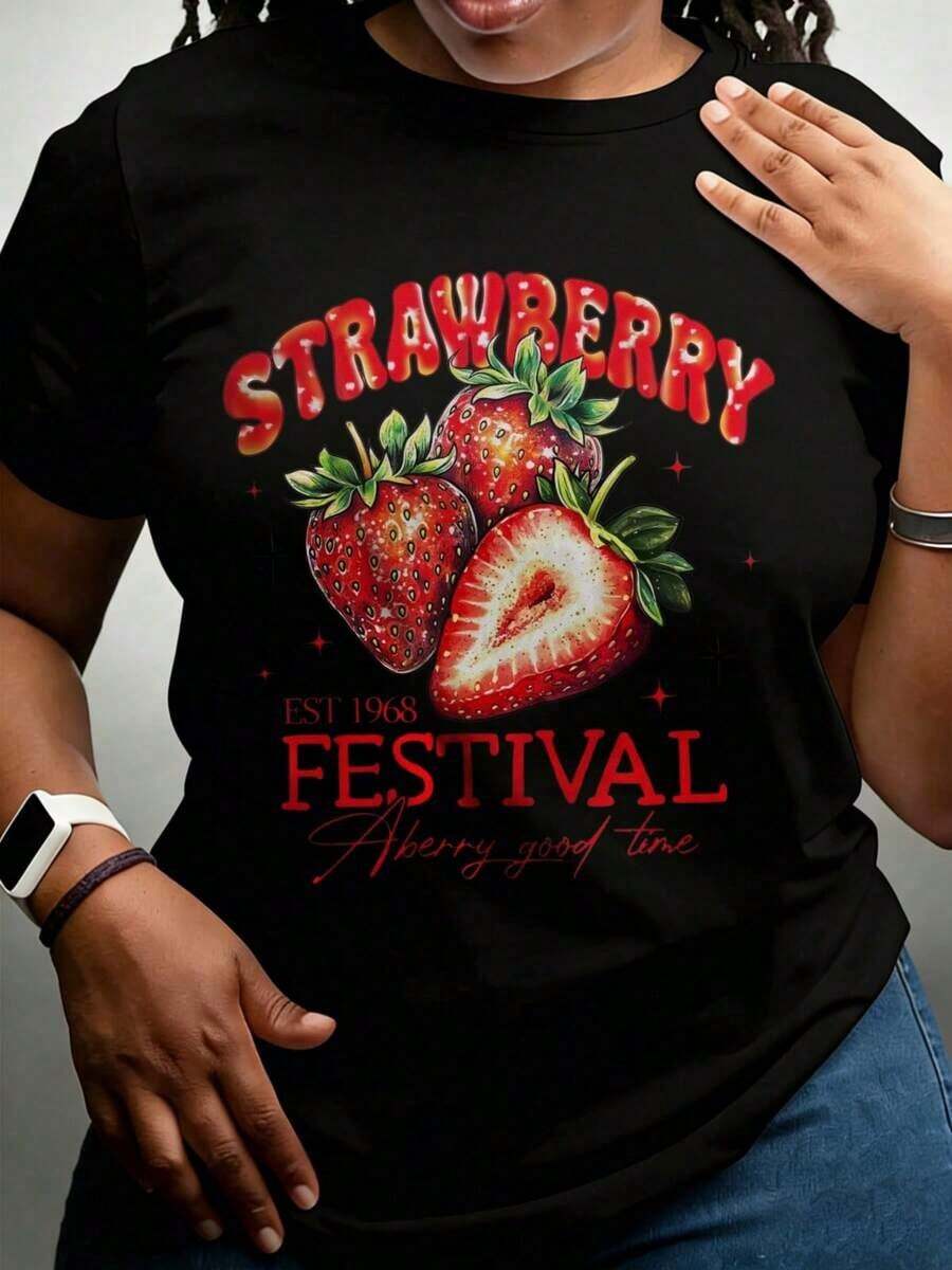 Camiseta Gráfica "Strawberry Festival Est 1968 Berry Good Time" Adecuada para Ropa Deportiva Casual 220g - Estilo Vintage Urbano Unisex de Algodón Suelto de Manga Corta con Cuello Redondo 100% algodón - Negro - Ver 1