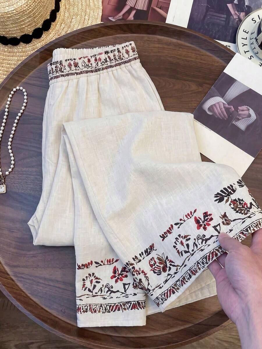 Pantalones sueltos y casuales con estampado bohemio, de tela cómoda, adecuados para la playa, el uso diario y el trabajo - Negro - Ver 1
